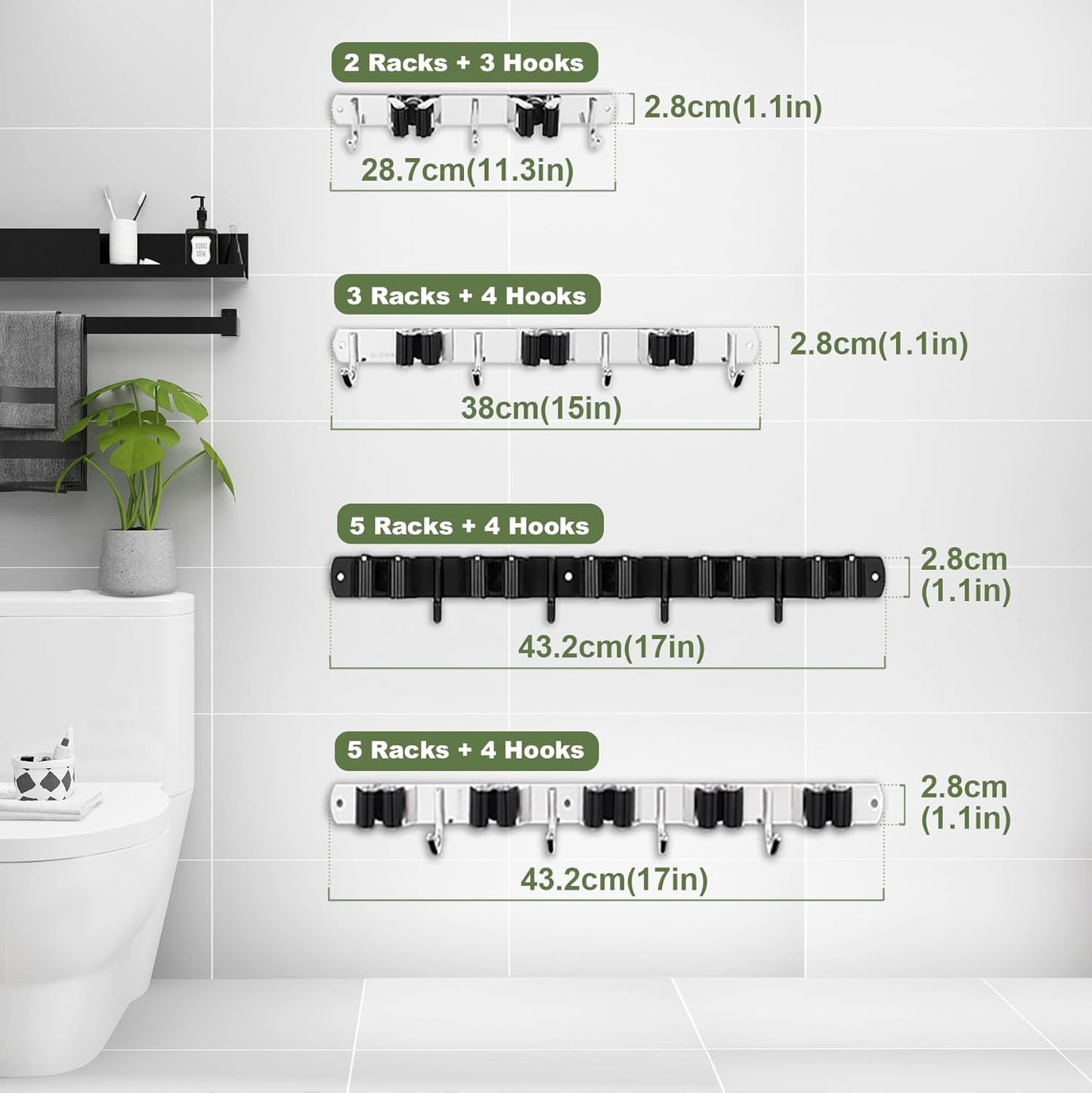5 Holders+4 Hooks Broom Holder Wall Mounted with Nails Installation, Heavy Duty Stainless Steel Mop Holder, Brush Mop and Broom Storage Self Adhesive - Ghemy.co.uk