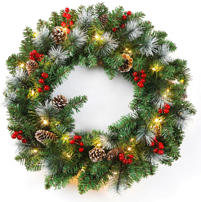 24Inch Christmas Wreath Decorative Christmas with Light Door Winter Pine Cone - Ghemy.co.uk
