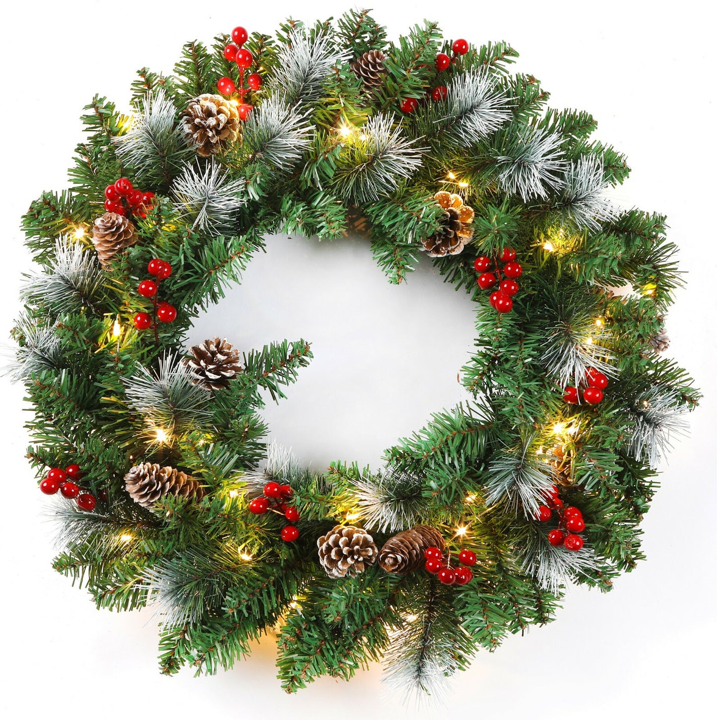 24Inch Christmas Wreath Decorative Christmas with Light Door Winter Pine Cone - Ghemy.co.uk