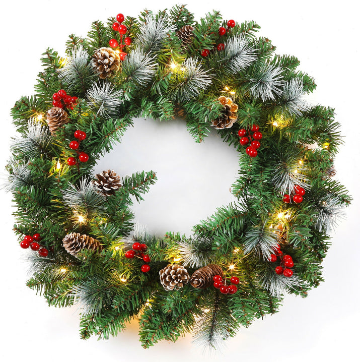 24Inch Christmas Wreath Decorative Christmas with Light Door Winter Pine Cone - Ghemy.co.uk
