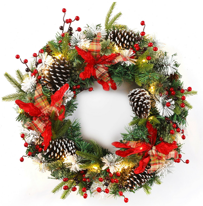 24Inch Christmas Wreath Decorative Christmas with Light Door Winter Pine Cone - Ghemy.co.uk