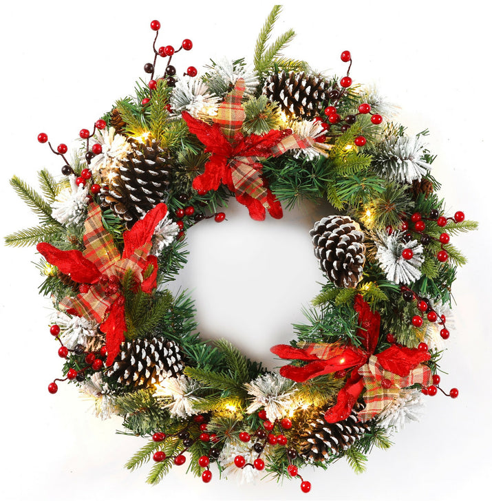 24Inch Christmas Wreath Decorative Christmas with Light Door Winter Pine Cone - Ghemy.co.uk