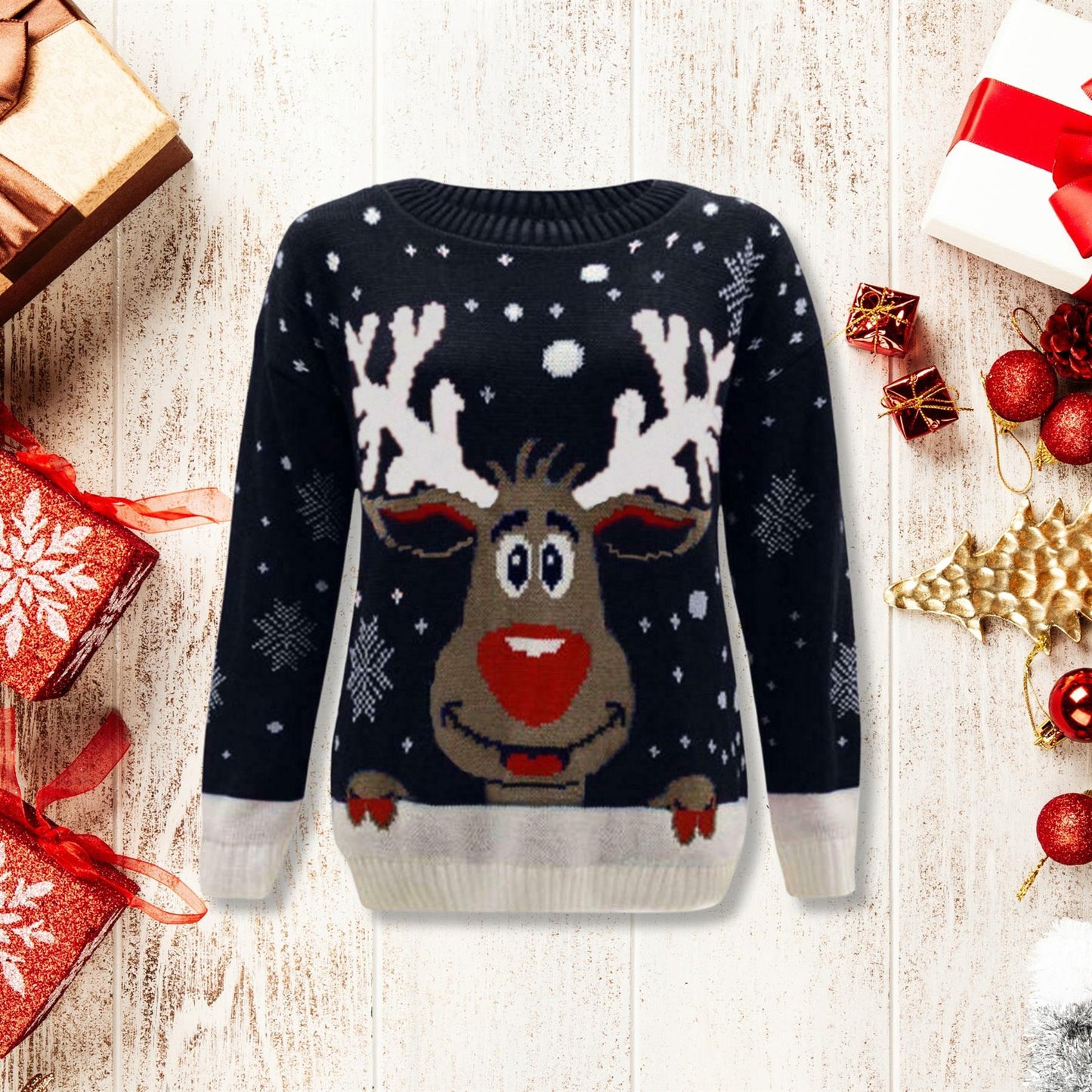 Girls Boys Xmas Jumper Reindeer Rudolph Knitted Christmas Jumper Kids Sweater - Ghemy.co.uk