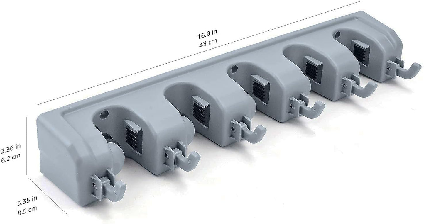 Rectangular Wall Mount Broom Holder and Garden Tool Organizer, 6 Hook and 5 Slot, 43 X 8.5 X 6.2 Cm, Gray - Ghemy.co.uk