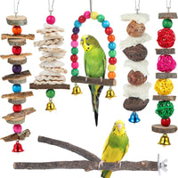 Bird Perch and Toy Set - 6 Piece Wooden Chew Toys and Perch Stand for Small to Medium Birds Including Parakeets, Conures, Cockatiels, Lovebirds, Parrotlets, Budgies, and Finches - Ghemy.co.uk