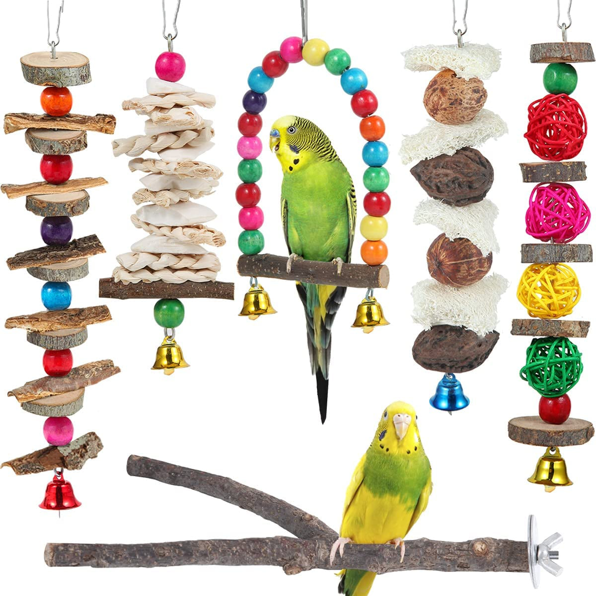 Bird Perch and Toy Set - 6 Piece Wooden Chew Toys and Perch Stand for Small to Medium Birds Including Parakeets, Conures, Cockatiels, Lovebirds, Parrotlets, Budgies, and Finches - Ghemy.co.uk