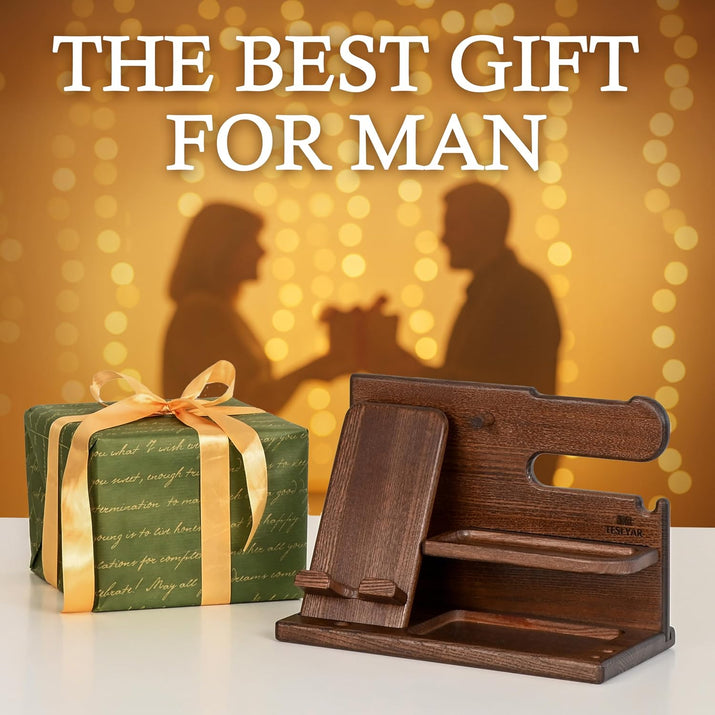 Gifts for Men Wood Phone Docking Station Desk Organizer Fathers Gifts Gifts for Him Xmas Gift Anniversary Birthday Presents Nightstand Key Wallet Stand for Men, Boyfriend, Dad - Ghemy.co.uk