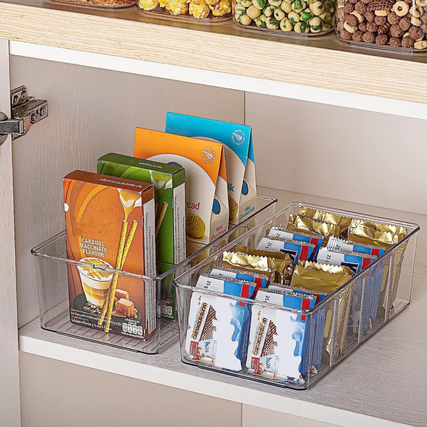 Set of 4 Clear Plastic Food Storage Organizer Bins for Pantry, Kitchen, Fridge, and Cabinet Organization, Featuring 4 Compartment Holders for Snacks, Pouches, and Spice Packets - Ghemy.co.uk
