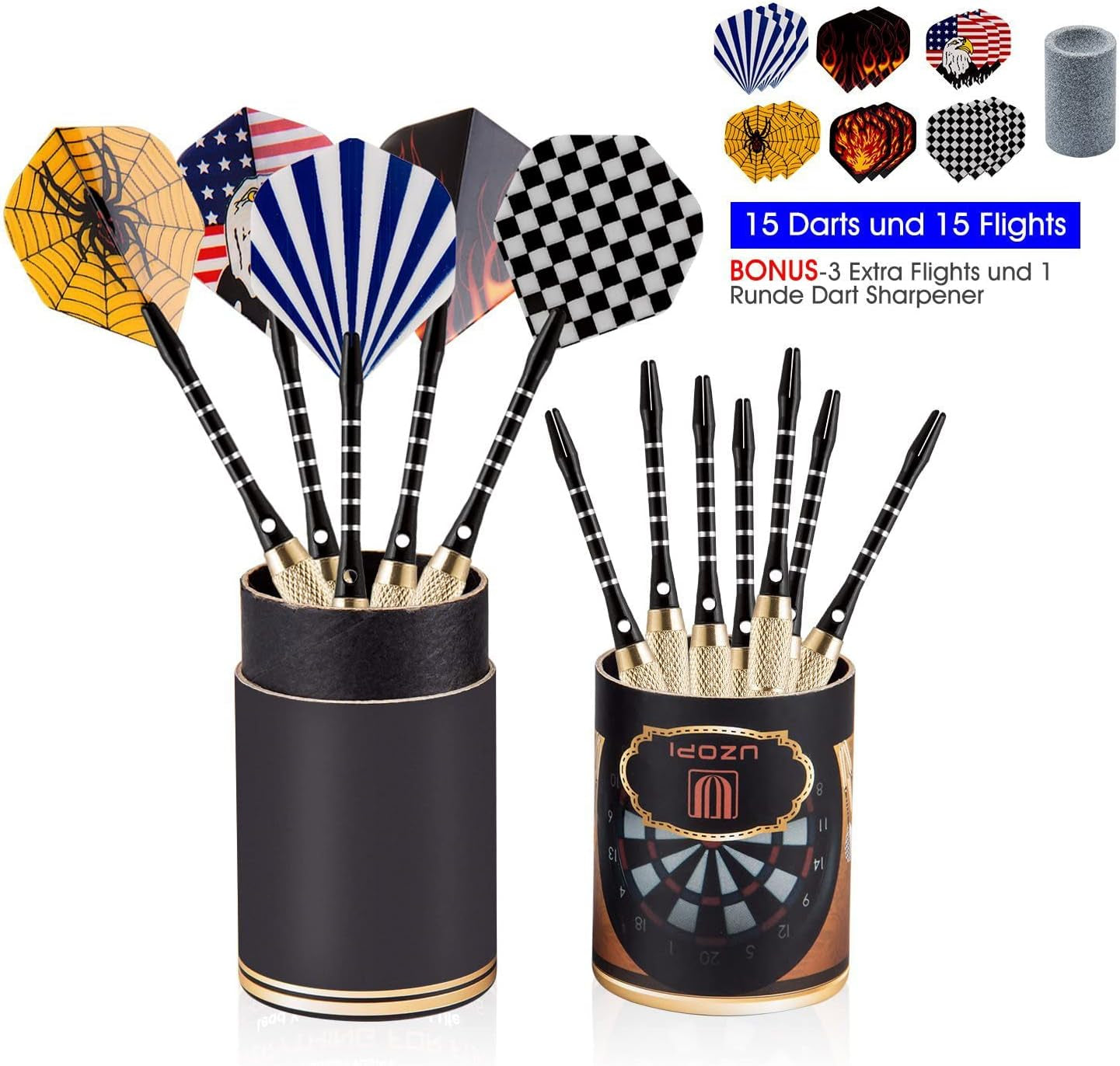 15 Pack Steel Darts 18 Grams Tip Set with Dart Sharpener and 21 Flights, Aluminum Shafts & Brass Barrels, Levels in Every Rec Room, Man Cave, Bar and Game Room - Ghemy.co.uk