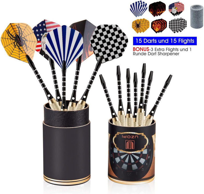 15 Pack Steel Darts 18 Grams Tip Set with Dart Sharpener and 21 Flights, Aluminum Shafts & Brass Barrels, Levels in Every Rec Room, Man Cave, Bar and Game Room - Ghemy.co.uk
