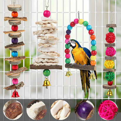 Bird Perch and Toy Set - 6 Piece Wooden Chew Toys and Perch Stand for Small to Medium Birds Including Parakeets, Conures, Cockatiels, Lovebirds, Parrotlets, Budgies, and Finches - Ghemy.co.uk