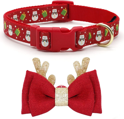 Christmas Dog Collar Adjustable Xmas Dog Collar with Christmas Antler Bow Tie Accessories Snowman Dog Collar for Medium Dogs - Ghemy.co.uk