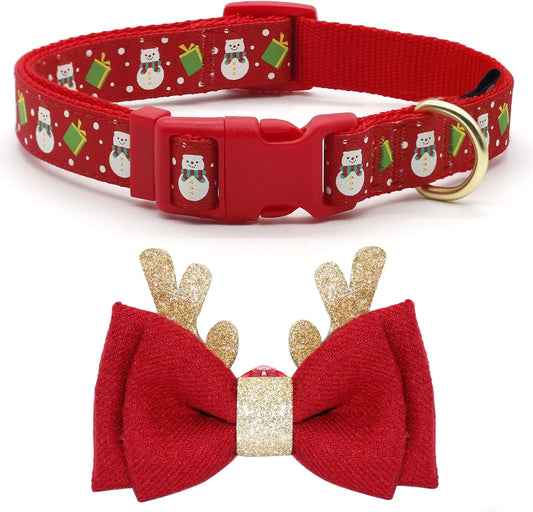 Christmas Dog Collar Adjustable Xmas Dog Collar with Christmas Antler Bow Tie Accessories Snowman Dog Collar for Medium Dogs - Ghemy.co.uk