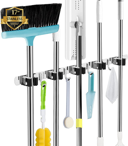 5 Holders+4 Hooks Broom Holder Wall Mounted with Nails Installation, Heavy Duty Stainless Steel Mop Holder, Brush Mop and Broom Storage Self Adhesive - Ghemy.co.uk