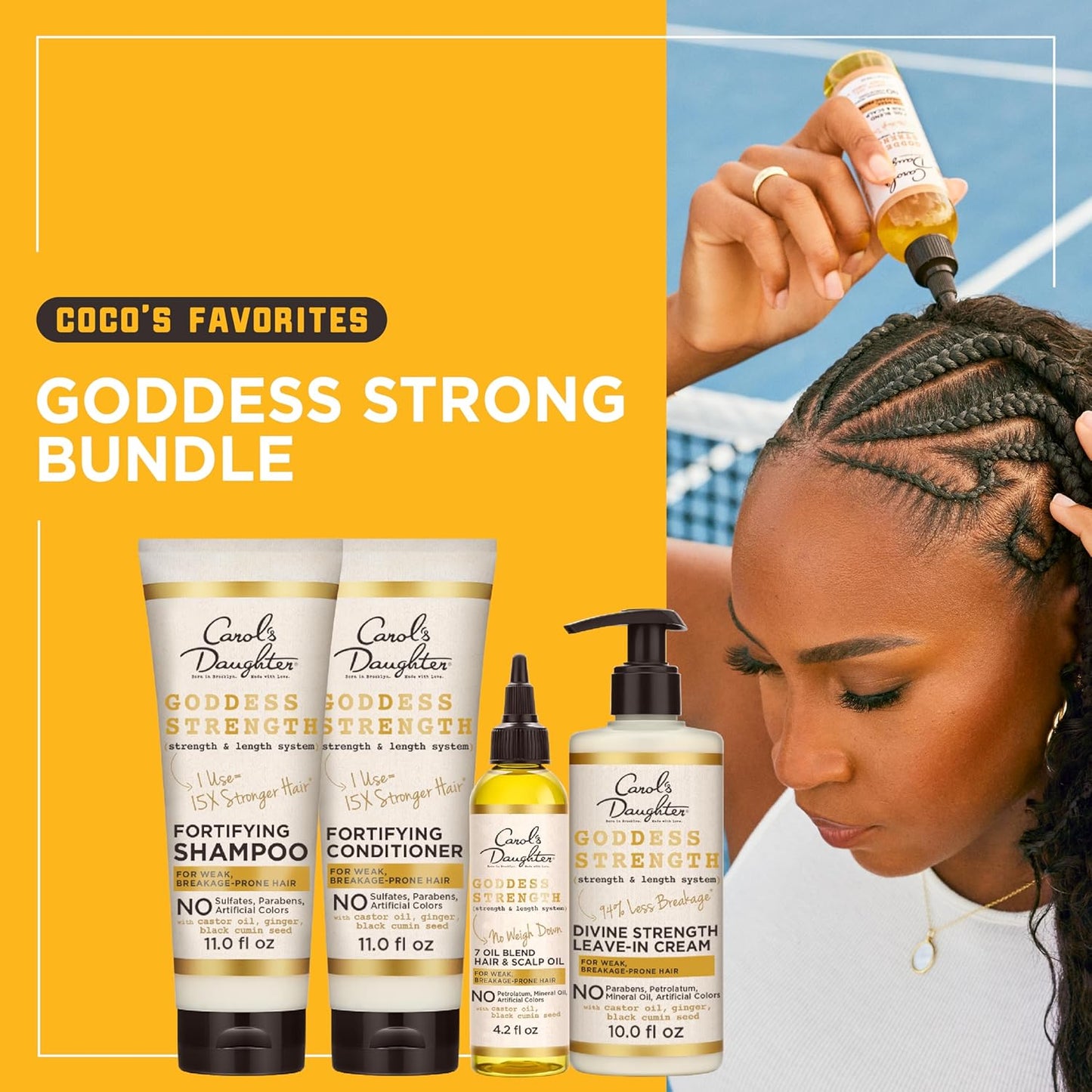 Goddess Strength Sulfate Free Shampoo, Hair Conditioner, Leave in Conditioner & Hair Treatment Oil Made with Castor Oil (4 Products) - Ghemy.co.uk