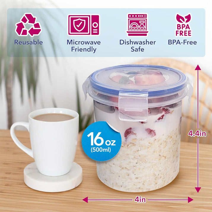 Overnight Oats Container with Lids (4-Piece Set) - 16 Oz Plastic Containers - Oatmeal Container to Go | Portable Cereal and Milk Container| Snap Lock Storage Jars with Airtight Lids - Ghemy.co.uk