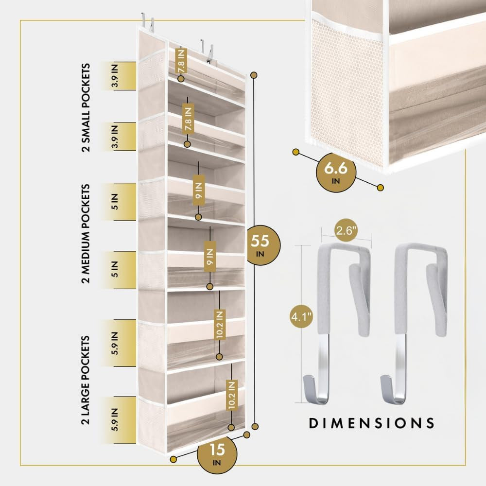 1 PC Heavy Duty over the Door Organizer 55X14X6.7, 6 Large Front & 12 Side Pockets, Hanging Storage Closet Door Organizer for Bedroom, Bathroom and Baby Nursery Storage (Ivory) - Ghemy.co.uk