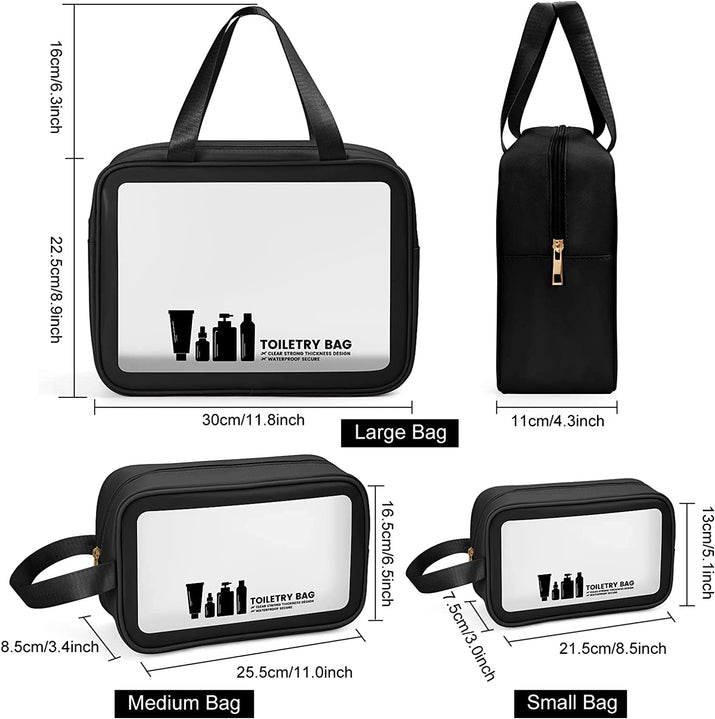 Toiletry Bag 3 PCS Clear Travel Toiletries Bag Wash Bag Translucent PVC Waterproof Makeup Bag with Zipper Toiletry Bags for Women Men(Black) - Ghemy.co.uk