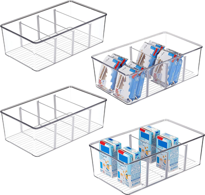 Set of 4 Clear Plastic Food Storage Organizer Bins for Pantry, Kitchen, Fridge, and Cabinet Organization, Featuring 4 Compartment Holders for Snacks, Pouches, and Spice Packets - Ghemy.co.uk