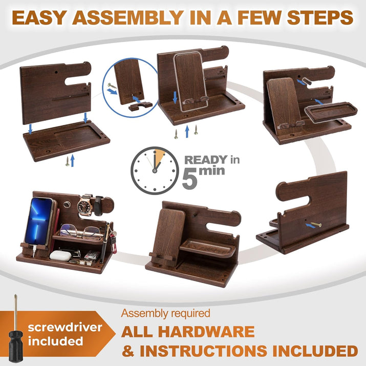 Gifts for Men Wood Phone Docking Station Desk Organizer Fathers Gifts Gifts for Him Xmas Gift Anniversary Birthday Presents Nightstand Key Wallet Stand for Men, Boyfriend, Dad - Ghemy.co.uk