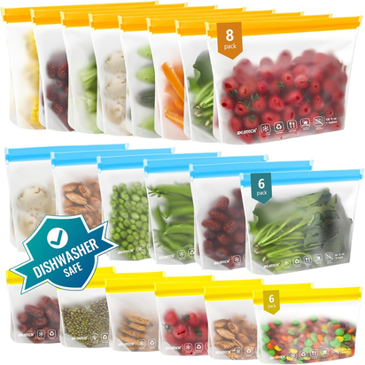 Reusable Storage Bags, BPA Free PEVA Resuable Freezer Bags, Reusable Gallon Bags, Reusable Sandwish Bags, Silicone Food Bags (20Pack-8Gallon Bags +6Sandwich Bags +6Snack Bags) - Ghemy.co.uk