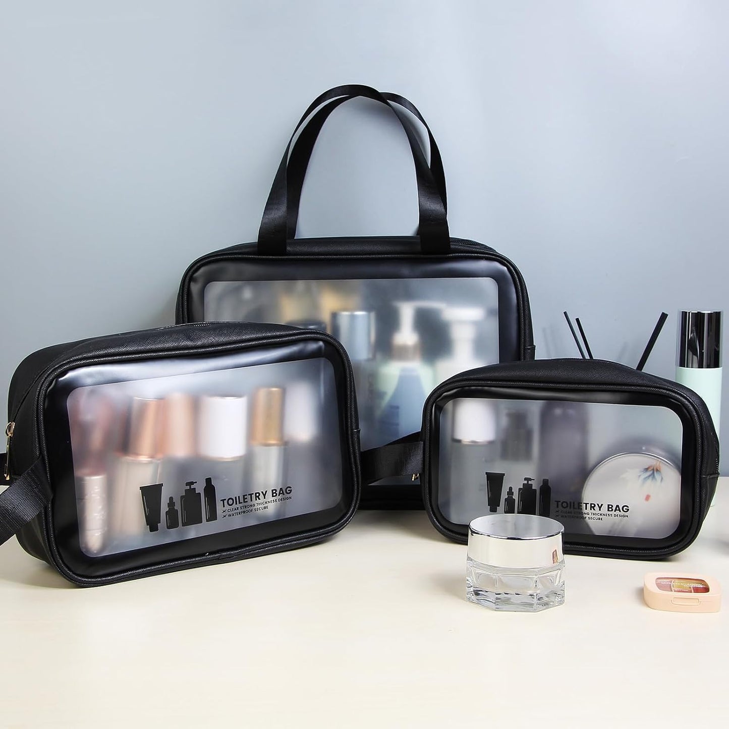 Toiletry Bag 3 PCS Clear Travel Toiletries Bag Wash Bag Translucent PVC Waterproof Makeup Bag with Zipper Toiletry Bags for Women Men(Black) - Ghemy.co.uk