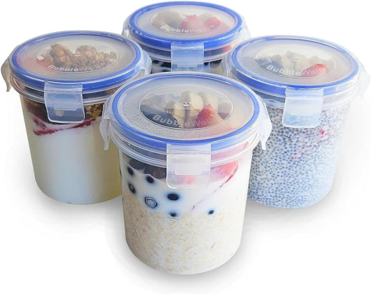 Overnight Oats Container with Lids (4-Piece Set) - 16 Oz Plastic Containers - Oatmeal Container to Go | Portable Cereal and Milk Container| Snap Lock Storage Jars with Airtight Lids - Ghemy.co.uk