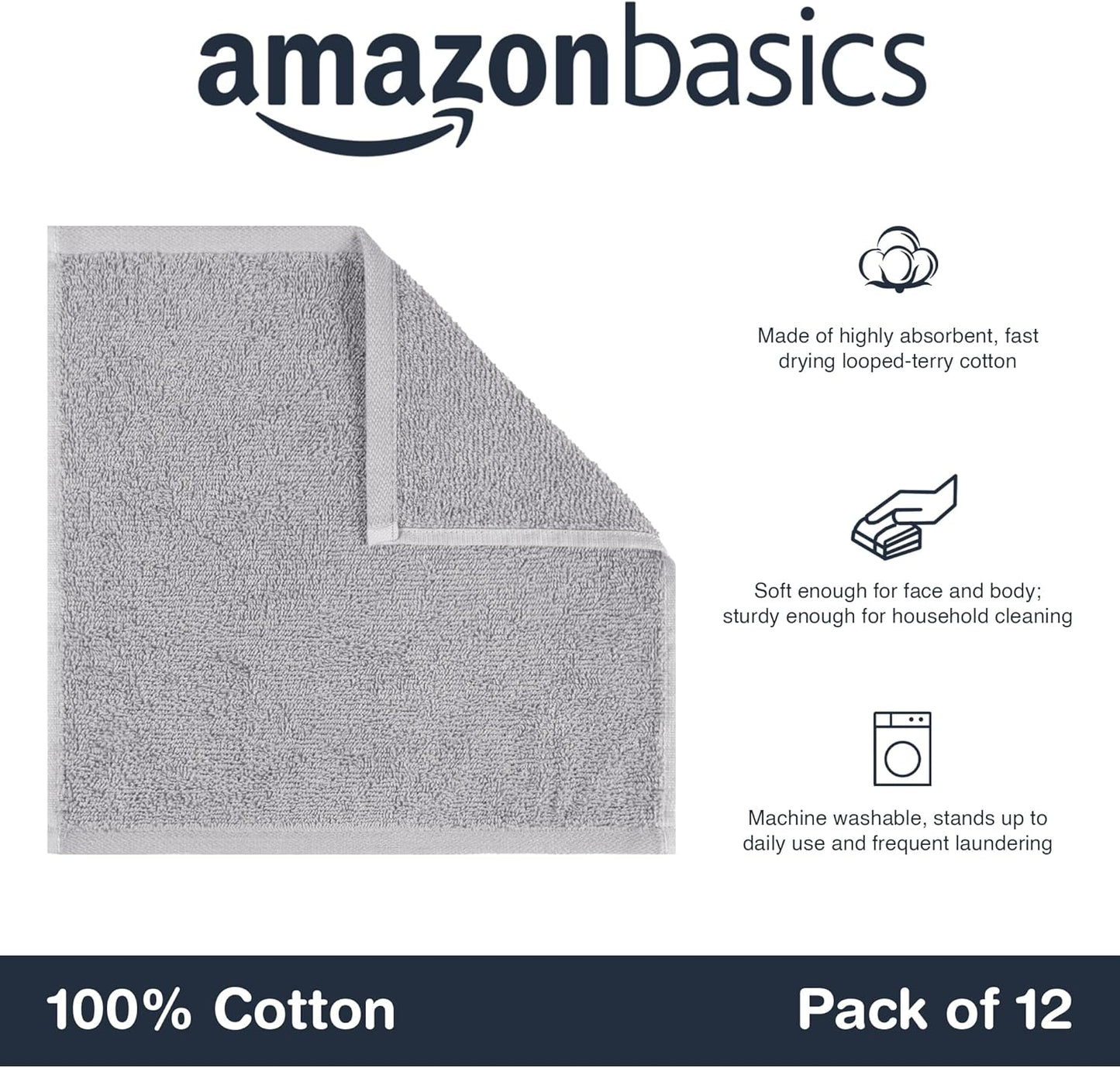 Face Towels for Bathroom, 100% Cotton Extra Absorbent Washcloth, Fast Drying - Salon Towel - 12-Pack, Grey (30 X 30 Cm) - Ghemy.co.uk