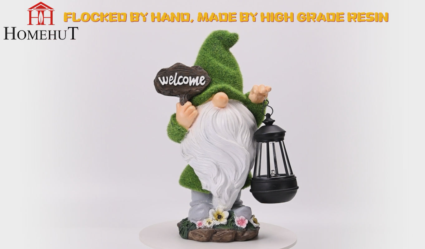 Solar Flocked Grass Gnome – “Welcome Home” Garden Lamp & Ornament
