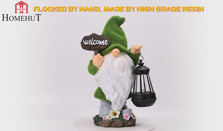 Solar Flocked Grass Gnome – “Welcome Home” Garden Lamp & Ornament