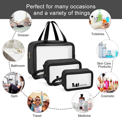 Toiletry Bag 3 PCS Clear Travel Toiletries Bag Wash Bag Translucent PVC Waterproof Makeup Bag with Zipper Toiletry Bags for Women Men(Black) - Ghemy.co.uk