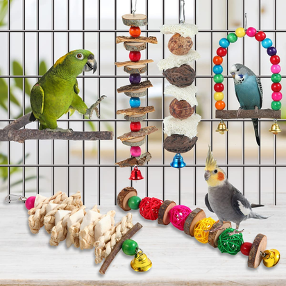 Bird Perch and Toy Set - 6 Piece Wooden Chew Toys and Perch Stand for Small to Medium Birds Including Parakeets, Conures, Cockatiels, Lovebirds, Parrotlets, Budgies, and Finches - Ghemy.co.uk