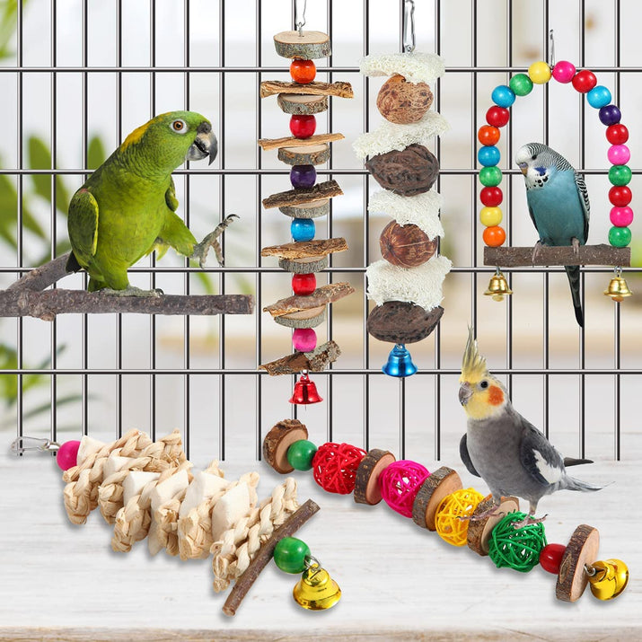 Bird Perch and Toy Set - 6 Piece Wooden Chew Toys and Perch Stand for Small to Medium Birds Including Parakeets, Conures, Cockatiels, Lovebirds, Parrotlets, Budgies, and Finches - Ghemy.co.uk