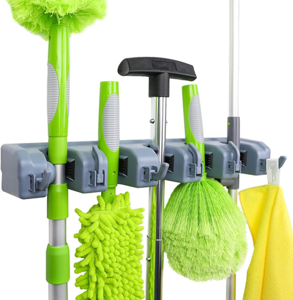 Rectangular Wall Mount Broom Holder and Garden Tool Organizer, 6 Hook and 5 Slot, 43 X 8.5 X 6.2 Cm, Gray - Ghemy.co.uk