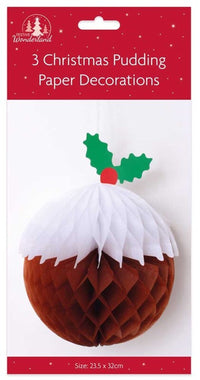 Pack of 3 Christmas Pudding Honeycomb Paper Christmas Decorations - Ghemy.co.uk
