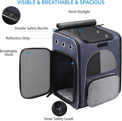 ® Foldable Cat and Small Dog Backpack Carrier - Breathable Design with Inner Safety Leash and Folding Bowl for Hiking and Travel - Ghemy.co.uk