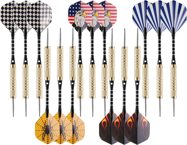 15 Pack Steel Darts 18 Grams Tip Set with Dart Sharpener and 21 Flights, Aluminum Shafts & Brass Barrels, Levels in Every Rec Room, Man Cave, Bar and Game Room - Ghemy.co.uk