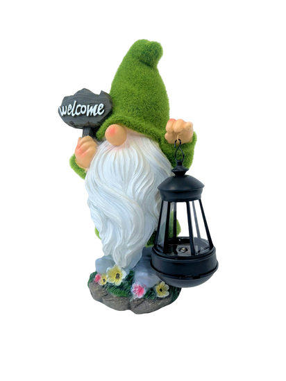 Solar Flocked Grass Gnome – “Welcome Home” Garden Lamp & Ornament