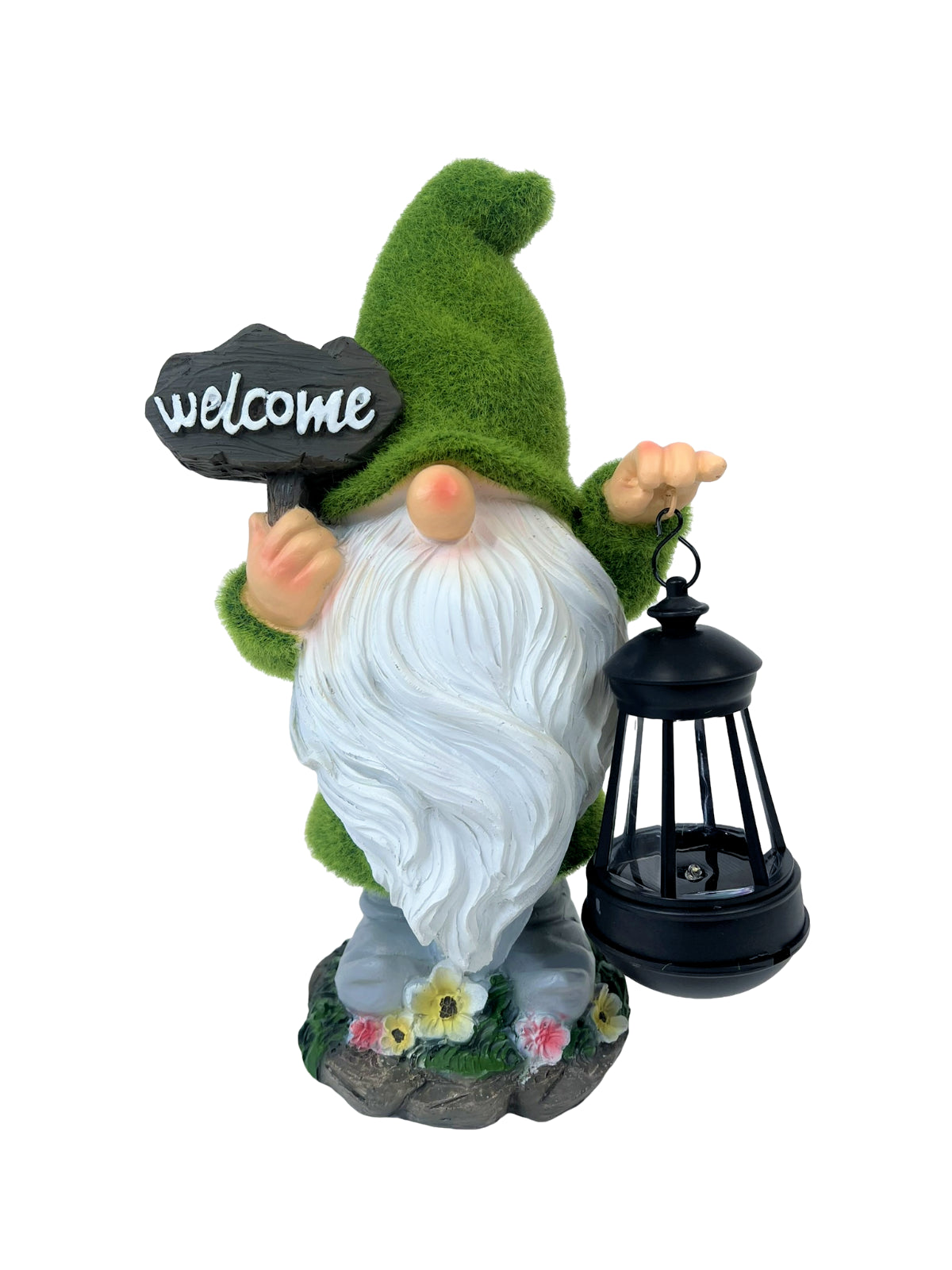 Solar Flocked Grass Gnome – “Welcome Home” Garden Lamp & Ornament