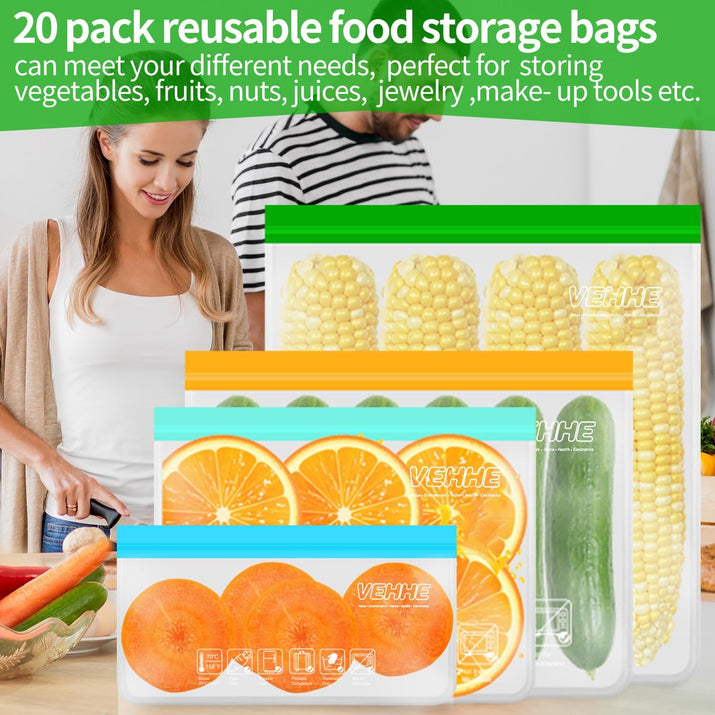 VEHHE 20 Pack Reusable Food Storage Bags (Gallon Reusable Freezer Bags + Sandwic - Ghemy.co.uk