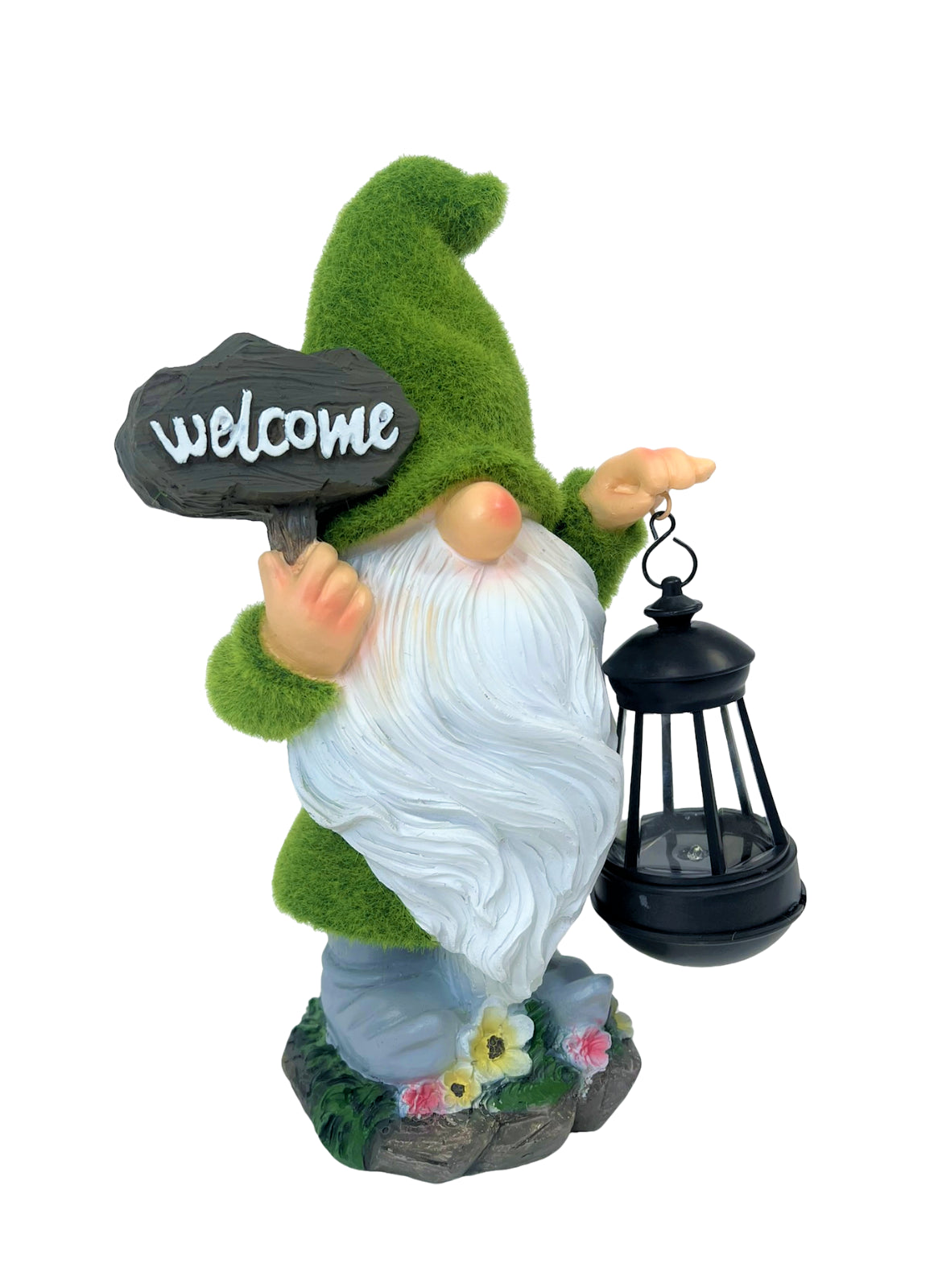 Solar Flocked Grass Gnome – “Welcome Home” Garden Lamp & Ornament