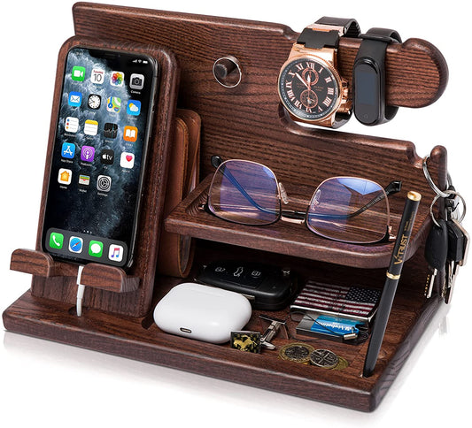 Gifts for Men Wood Phone Docking Station Desk Organizer Fathers Gifts Gifts for Him Xmas Gift Anniversary Birthday Presents Nightstand Key Wallet Stand for Men, Boyfriend, Dad - Ghemy.co.uk