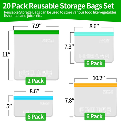 VEHHE 20 Pack Reusable Food Storage Bags (Gallon Reusable Freezer Bags + Sandwic - Ghemy.co.uk