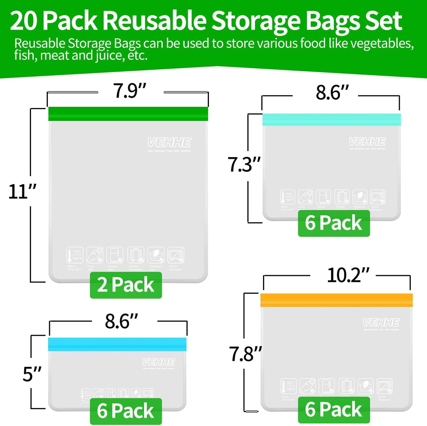 VEHHE 20 Pack Reusable Food Storage Bags (Gallon Reusable Freezer Bags + Sandwic - Ghemy.co.uk