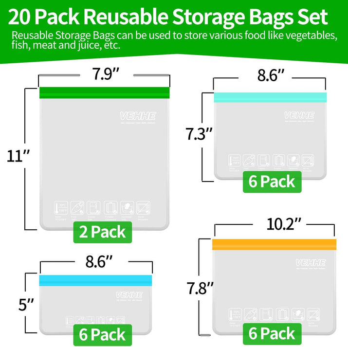VEHHE 20 Pack Reusable Food Storage Bags (Gallon Reusable Freezer Bags + Sandwic - Ghemy.co.uk