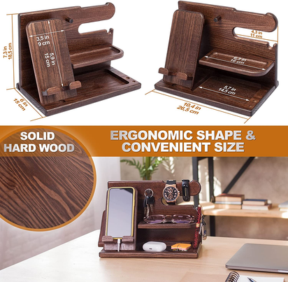 Gifts for Men Wood Phone Docking Station Desk Organizer Fathers Gifts Gifts for Him Xmas Gift Anniversary Birthday Presents Nightstand Key Wallet Stand for Men, Boyfriend, Dad - Ghemy.co.uk