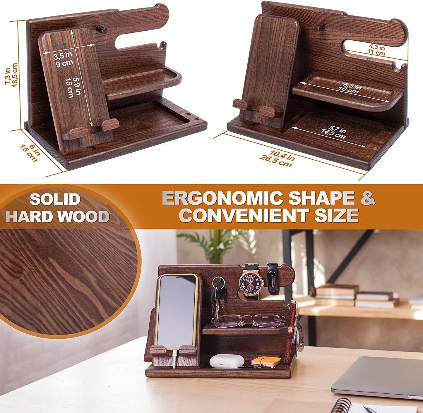 Gifts for Men Wood Phone Docking Station Desk Organizer Fathers Gifts Gifts for Him Xmas Gift Anniversary Birthday Presents Nightstand Key Wallet Stand for Men, Boyfriend, Dad - Ghemy.co.uk