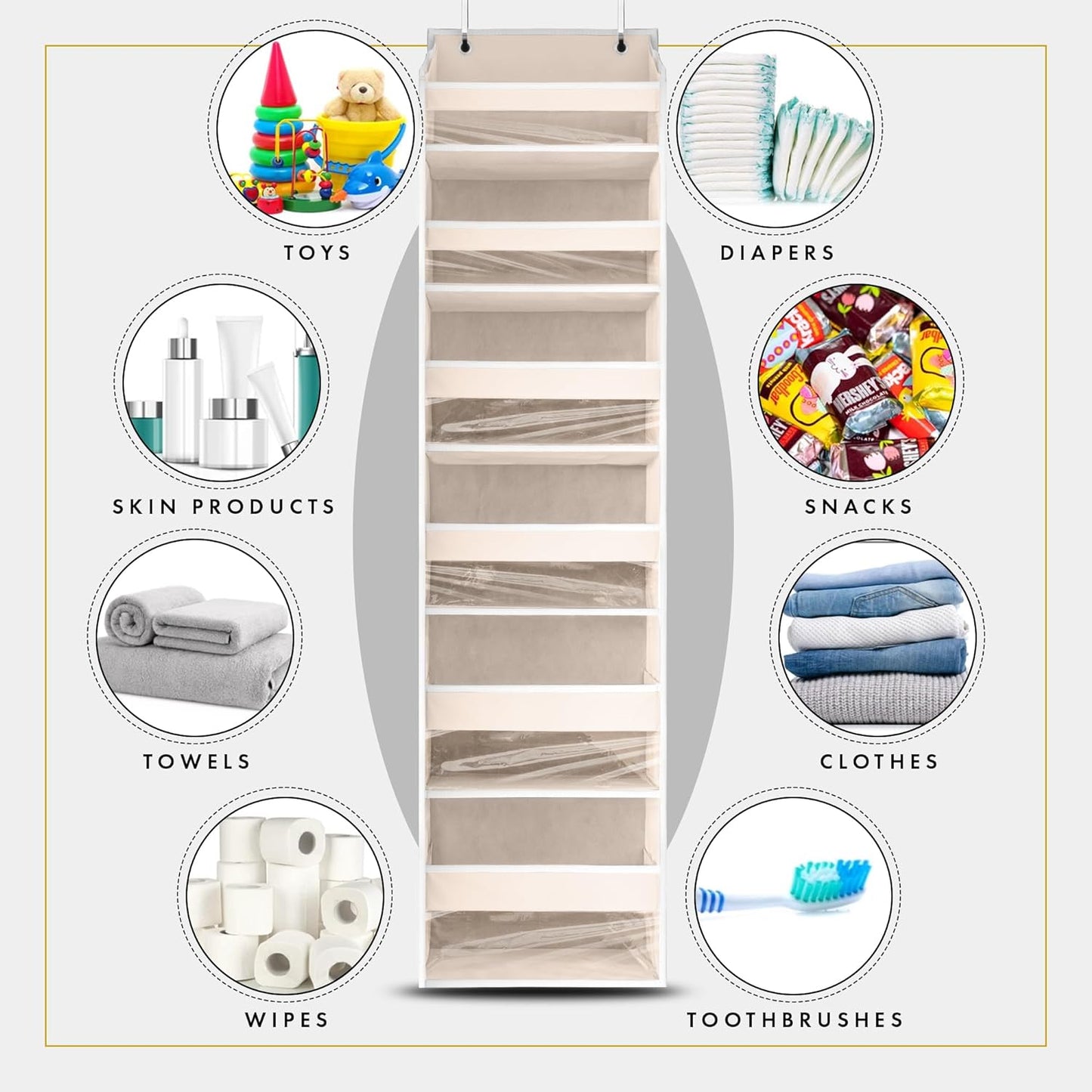 1 PC Heavy Duty over the Door Organizer 55X14X6.7, 6 Large Front & 12 Side Pockets, Hanging Storage Closet Door Organizer for Bedroom, Bathroom and Baby Nursery Storage (Ivory) - Ghemy.co.uk