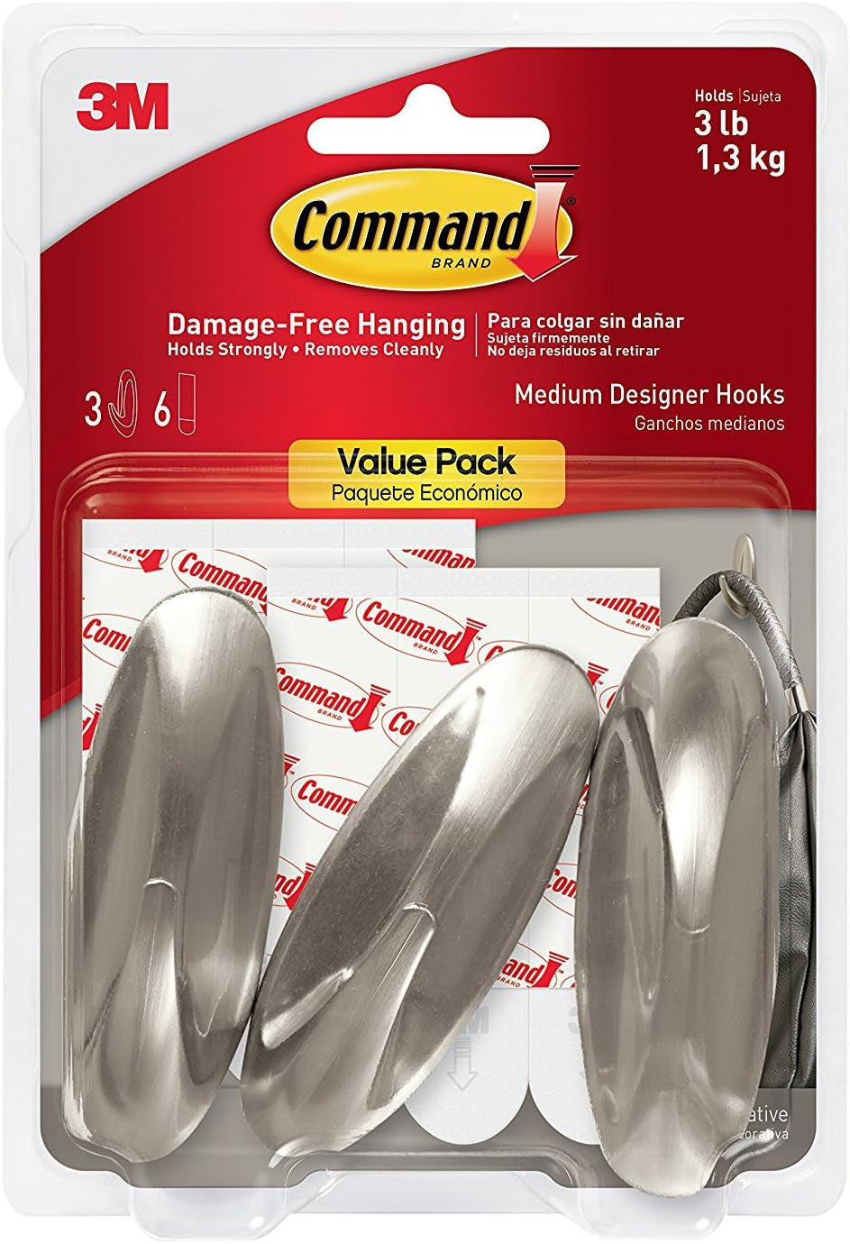 Designer Hooks, Medium, Brushed Nickel, 3-Hooks (17081BN-3ES), Great for Dorm Decor - Ghemy.co.uk