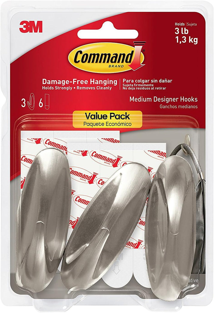 Designer Hooks, Medium, Brushed Nickel, 3-Hooks (17081BN-3ES), Great for Dorm Decor - Ghemy.co.uk